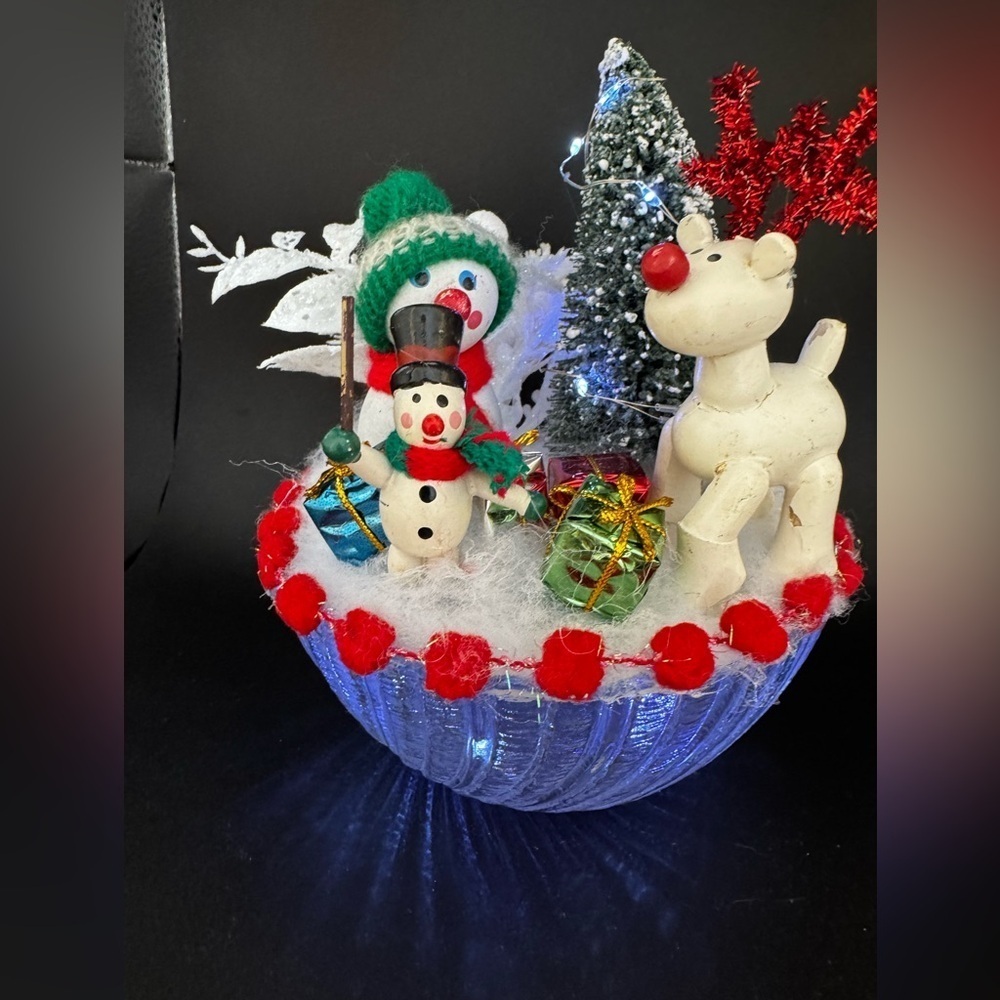OOAK Christmas Assemblage Snowman Vintage Wooden Ornaments and Glass w/lights